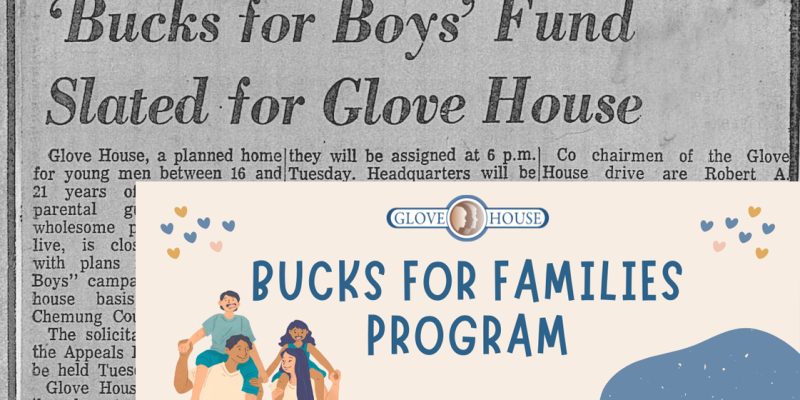Bucks for Families Program banner with newspaper article about Bucks for Boys fund behind it